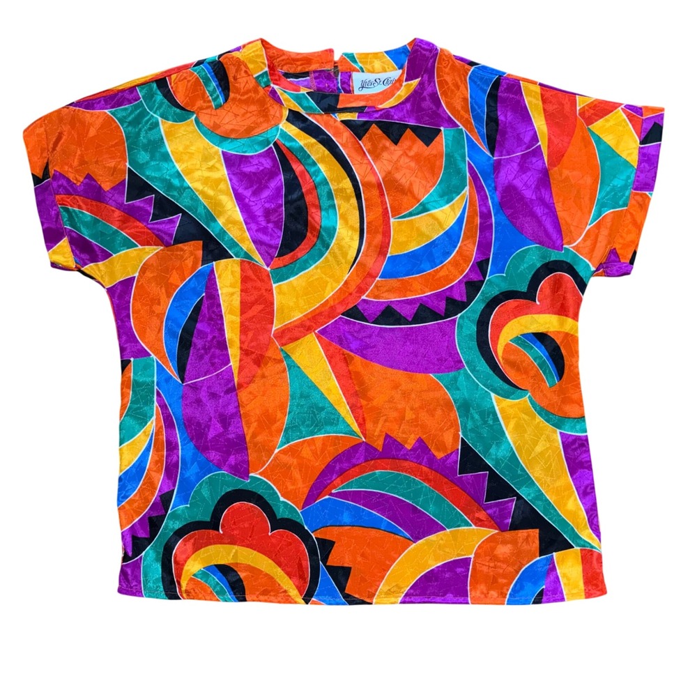 Yves St Clair 80s Abstract Geometric Blouse Retro Short Sleeve Top Womens 12